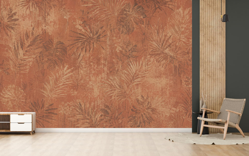 Terracotta Tropical Wallpaper | Vintage Botanical Wall Mural | Rustic Palm Leaf Wallpaper | Moody Boho Decor | Peel and Stick 862LU