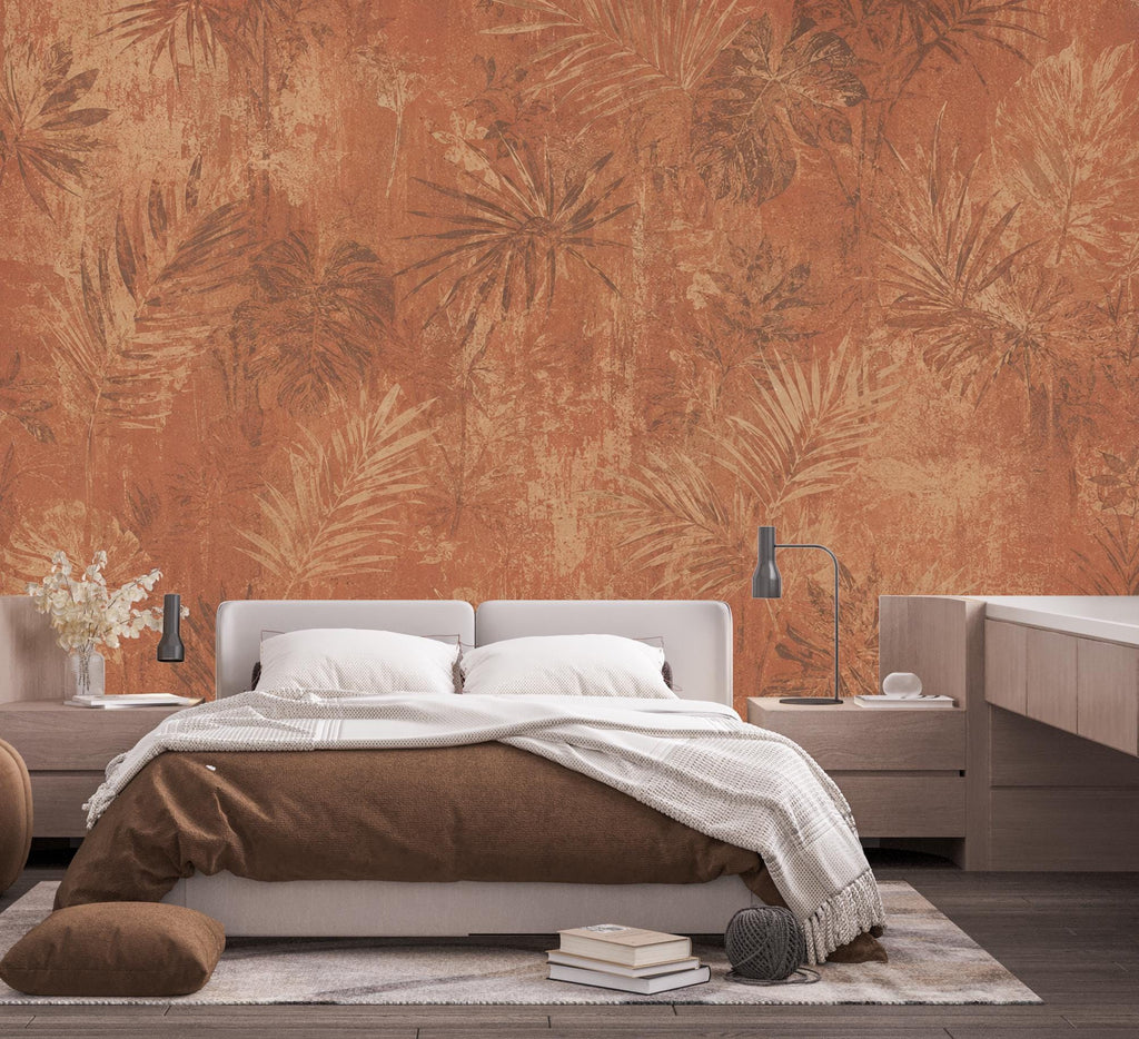 Terracotta Tropical Wallpaper | Vintage Botanical Wall Mural | Rustic Palm Leaf Wallpaper | Moody Boho Decor | Peel and Stick 862LU