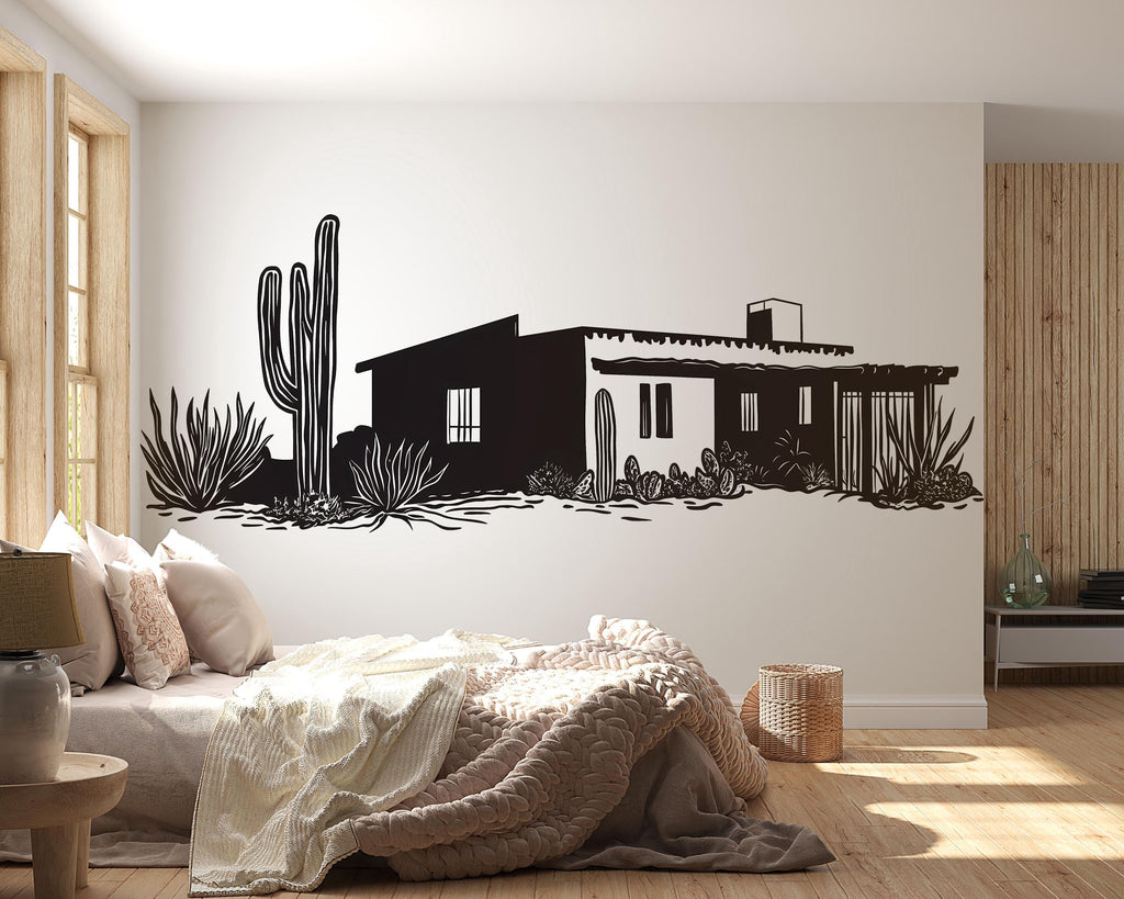 Southwest Adobe House Wall Decal, Desert Ranch Wall Art, Arizona Cactus Decor, Modern Southwest Mural, Airbnb Desert Wall Sticker