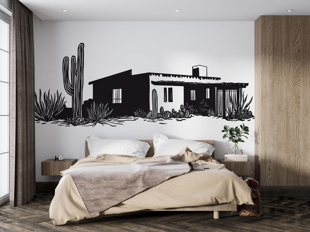Southwest Adobe House Wall Decal, Desert Ranch Wall Art, Arizona Cactus Decor, Modern Southwest Mural, Airbnb Desert Wall Sticker