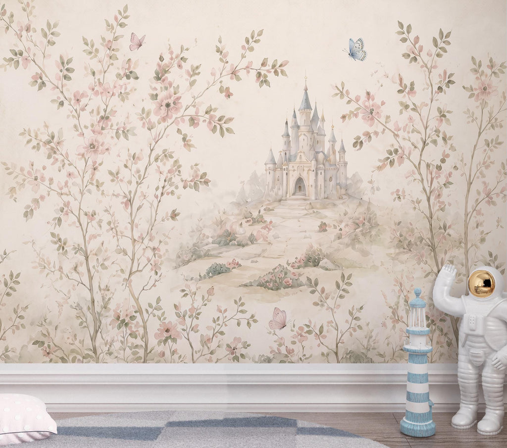Luxury Fairytale Castle Wallpaper – Feminine Pastel Princess Wall Mural, Watercolor Medieval Castle, Blush & Cream