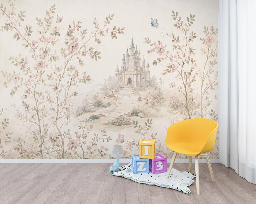 Luxury Fairytale Castle Wallpaper – Feminine Pastel Princess Wall Mural, Watercolor Medieval Castle, Blush & Cream