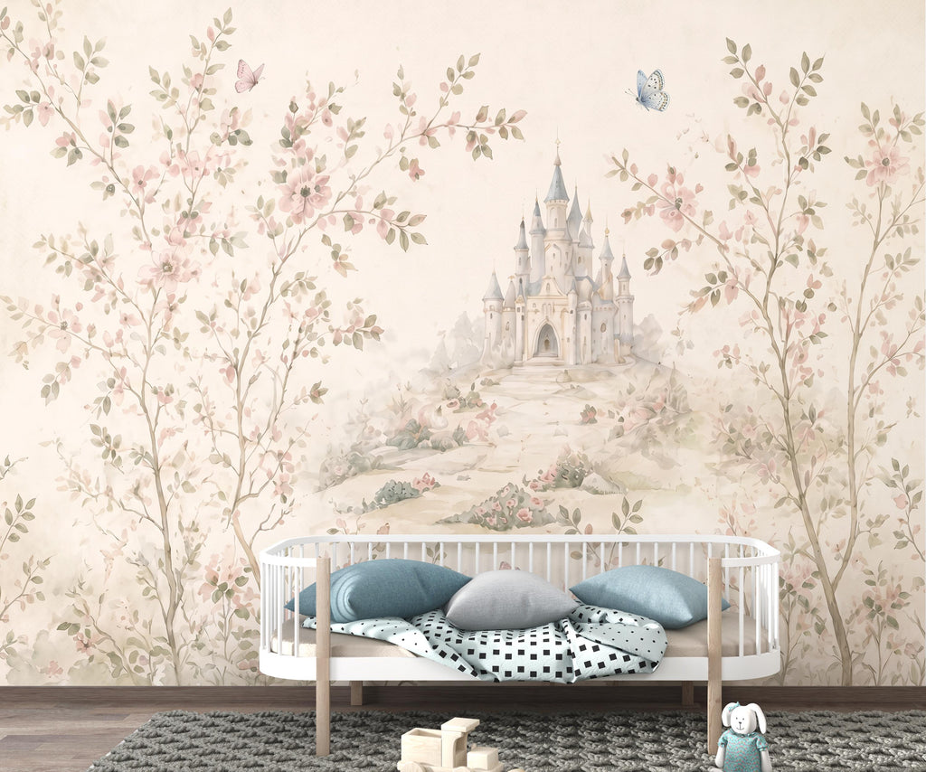 Luxury Fairytale Castle Wallpaper – Feminine Pastel Princess Wall Mural, Watercolor Medieval Castle, Blush & Cream