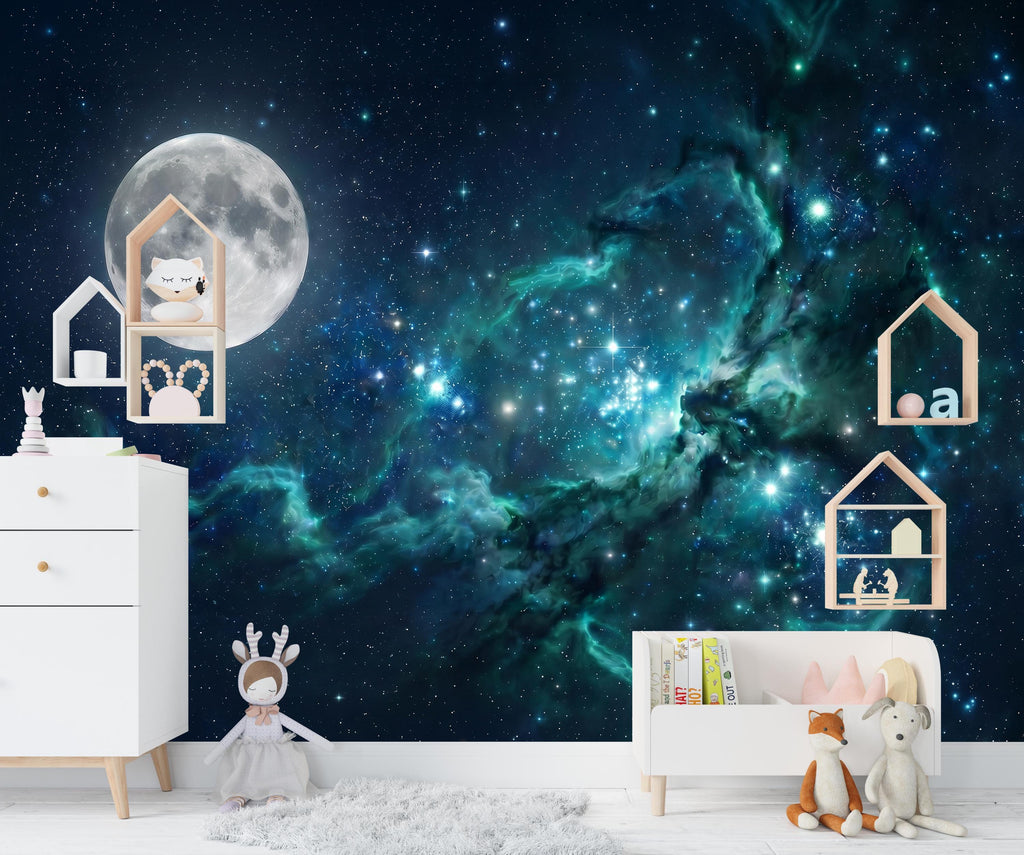 Blue Galaxy Wallpaper Mural with Moon | Teal Nebula Space Wall Mural | Peel and Stick Celestial Wallpaper for Bedroom Decor 1162RS
