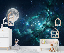Load image into Gallery viewer, Blue Galaxy Wallpaper Mural with Moon | Teal Nebula Space Wall Mural | Peel and Stick Celestial Wallpaper for Bedroom Decor 1162RS