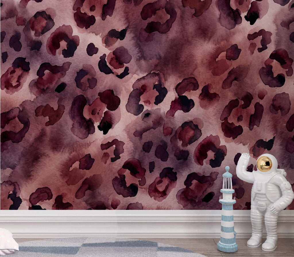 Watercolor Leopard Wallpaper, Mauve Burgundy Animal Wall Mural, Abstract Safari, Peel and Stick or Traditional Wallpaper 433DE