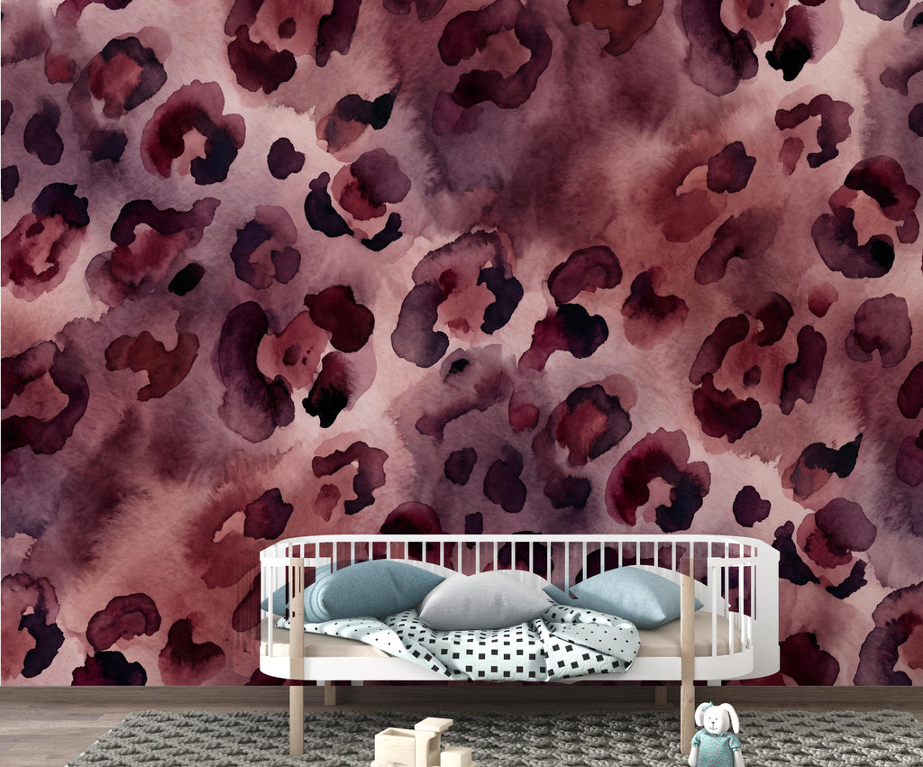 Watercolor Leopard Wallpaper, Mauve Burgundy Animal Wall Mural, Abstract Safari, Peel and Stick or Traditional Wallpaper 433DE