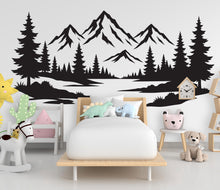 Load image into Gallery viewer, Mountain Forest Wall Decal for Kids Room | Pine Tree Nursery Wall Sticker | Adventure Nursery Decor | Mountain Wall Art Decal 1148RS