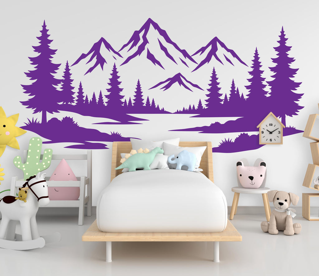 Mountain Forest Wall Decal for Kids Room | Pine Tree Nursery Wall Sticker | Adventure Nursery Decor | Mountain Wall Art Decal 1148RS
