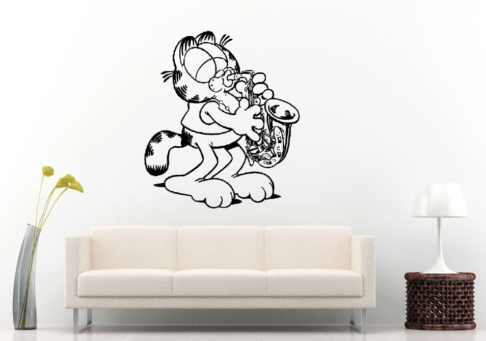 Cat Funny Playing On Saxophone Cute Animal Children's Room Wall Decal Vinyl Sticker Mural Room Decor L1000