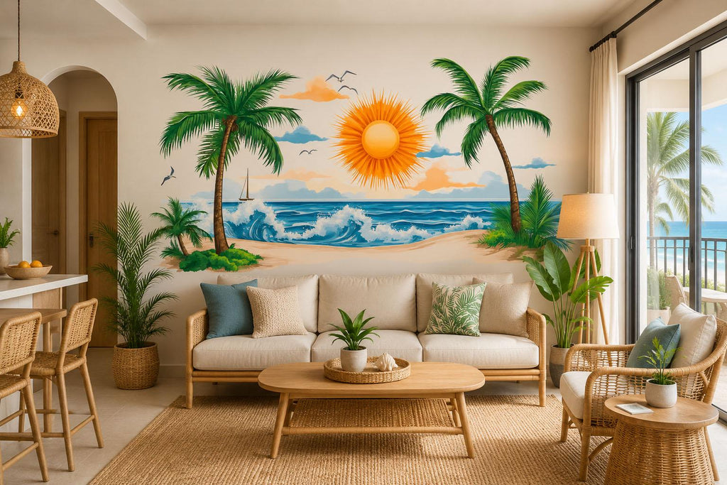 Tropical Beach Wall Decal, Palm Tree Wall Sticker, Coastal Ocean Wall Art, Airbnb Decor, Vacation Rental Wall Mural, Resort Style Decor