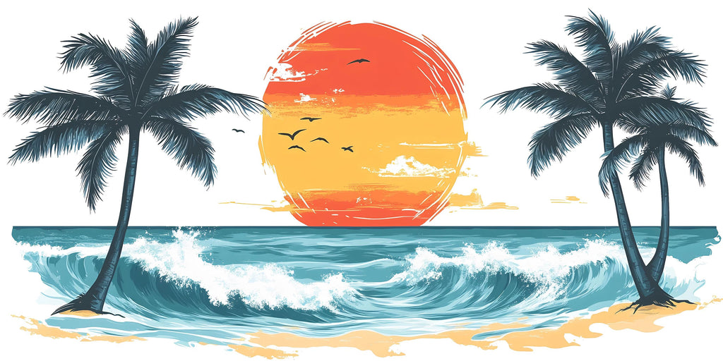 Tropical Sunset Beach Wall Decal, Coastal Ocean Wall Sticker, Palm Tree Sunset Mural, Airbnb Beach House Decor, Tropical Vacation Wall Art