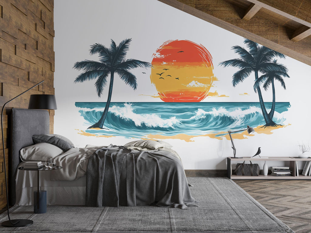 Tropical Sunset Beach Wall Decal, Coastal Ocean Wall Sticker, Palm Tree Sunset Mural, Airbnb Beach House Decor, Tropical Vacation Wall Art