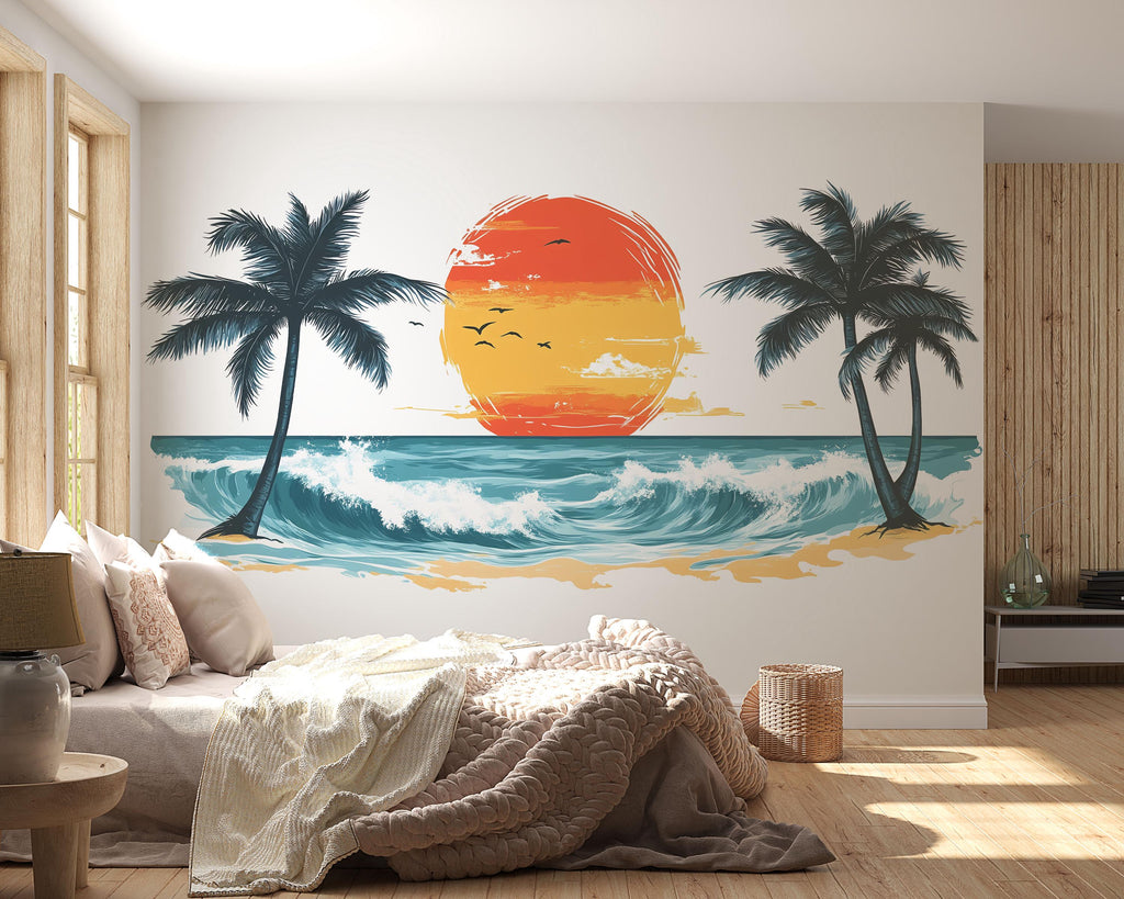 Tropical Sunset Beach Wall Decal, Coastal Ocean Wall Sticker, Palm Tree Sunset Mural, Airbnb Beach House Decor, Tropical Vacation Wall Art