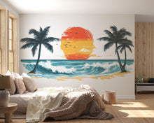 Load image into Gallery viewer, Tropical Sunset Beach Wall Decal, Coastal Ocean Wall Sticker, Palm Tree Sunset Mural, Airbnb Beach House Decor, Tropical Vacation Wall Art