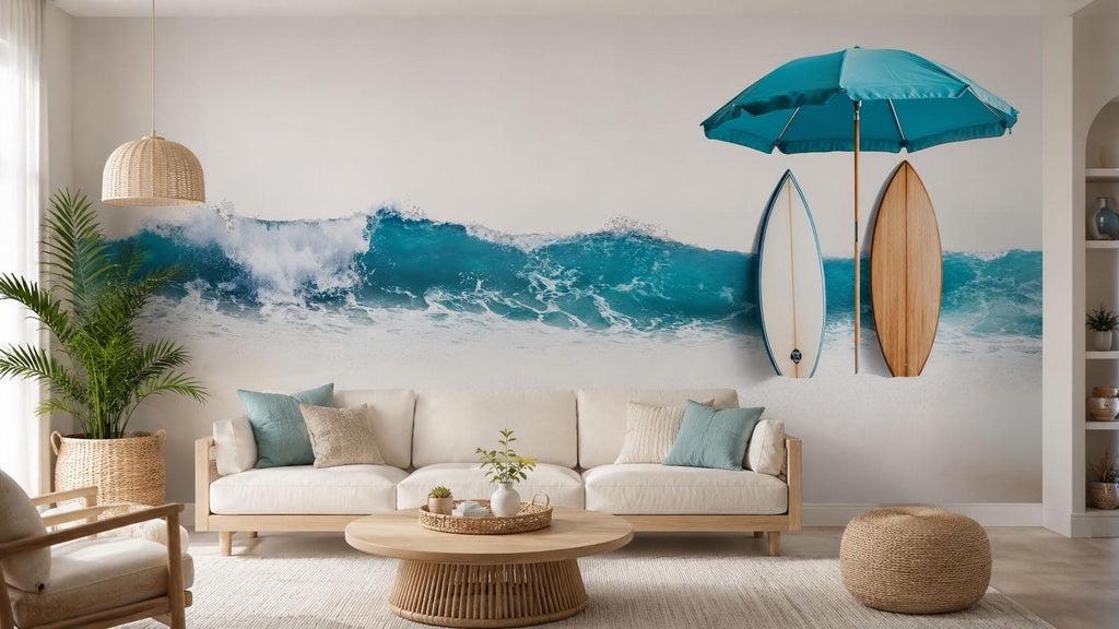 Ocean Wave Wall Decal, Coastal Beach Wall Art, Surfboard Wall Sticker, Airbnb Decor, Beach House Wall Mural, Tropical Coastal Decor