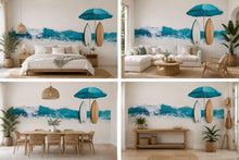 Load image into Gallery viewer, Ocean Wave Wall Decal, Coastal Beach Wall Art, Surfboard Wall Sticker, Airbnb Decor, Beach House Wall Mural, Tropical Coastal Decor