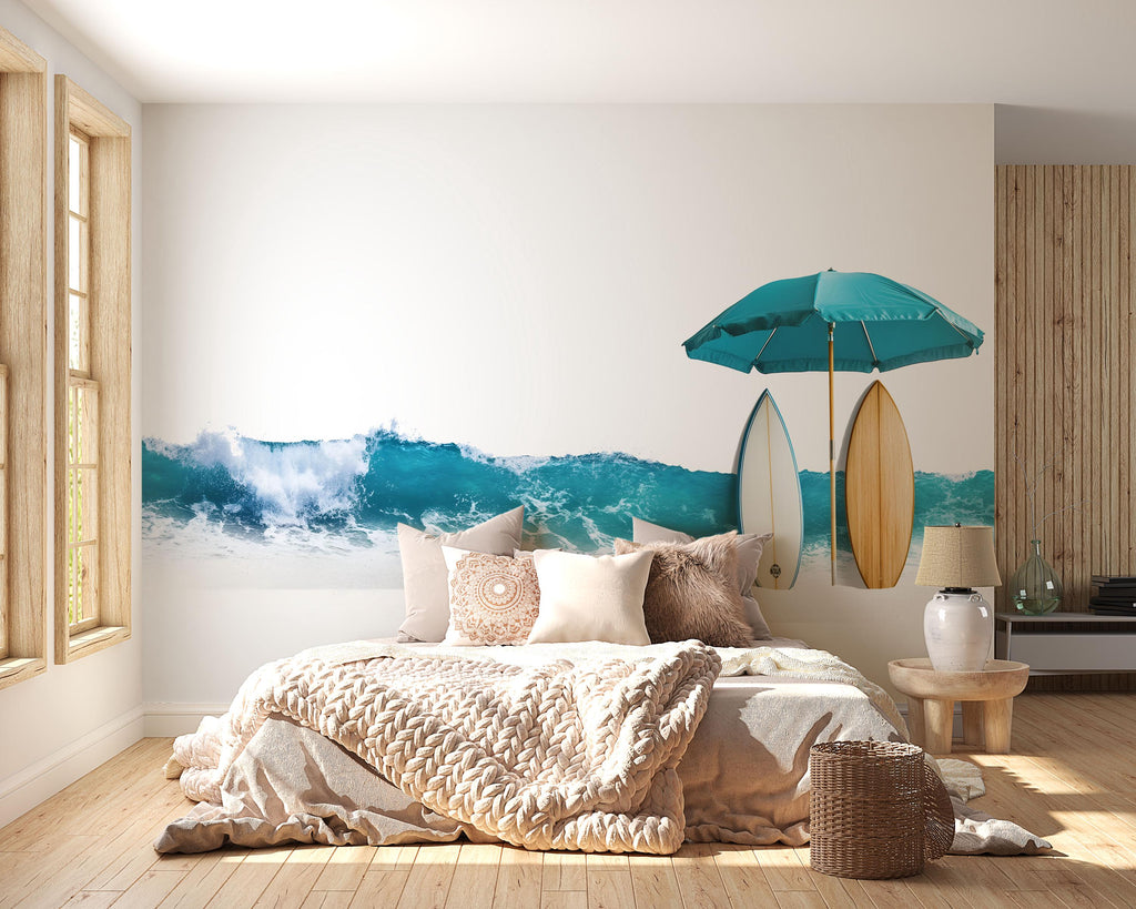 Ocean Wave Wall Decal, Coastal Beach Wall Art, Surfboard Wall Sticker, Airbnb Decor, Beach House Wall Mural, Tropical Coastal Decor
