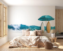 Load image into Gallery viewer, Ocean Wave Wall Decal, Coastal Beach Wall Art, Surfboard Wall Sticker, Airbnb Decor, Beach House Wall Mural, Tropical Coastal Decor