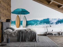 Load image into Gallery viewer, Ocean Wave Wall Decal, Coastal Beach Wall Art, Surfboard Wall Sticker, Airbnb Decor, Beach House Wall Mural, Tropical Coastal Decor