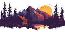 Load image into Gallery viewer, Mountain Cabin Wall Decal, Rustic Lodge Wall Mural, Forest Sunset Wall Art, Airbnb Cabin Decor, Woodland Mountain Wall Sticker