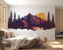 Load image into Gallery viewer, Mountain Cabin Wall Decal, Rustic Lodge Wall Mural, Forest Sunset Wall Art, Airbnb Cabin Decor, Woodland Mountain Wall Sticker