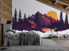 Load image into Gallery viewer, Mountain Cabin Wall Decal, Rustic Lodge Wall Mural, Forest Sunset Wall Art, Airbnb Cabin Decor, Woodland Mountain Wall Sticker