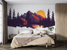 Load image into Gallery viewer, Mountain Cabin Wall Decal, Rustic Lodge Wall Mural, Forest Sunset Wall Art, Airbnb Cabin Decor, Woodland Mountain Wall Sticker