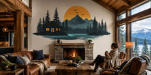 Load image into Gallery viewer, Mountain Cabin Wall Decal, Rustic Lake House Wall Art, Cozy Lodge Wall Sticker, Forest Sunset Mural, Airbnb Cabin Decor, Woodland Retreat