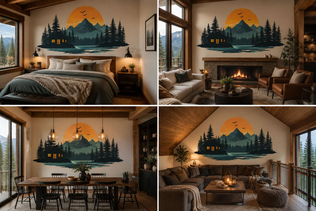 Mountain Cabin Wall Decal, Rustic Lake House Wall Art, Cozy Lodge Wall Sticker, Forest Sunset Mural, Airbnb Cabin Decor, Woodland Retreat