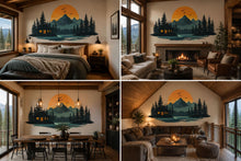 Load image into Gallery viewer, Mountain Cabin Wall Decal, Rustic Lake House Wall Art, Cozy Lodge Wall Sticker, Forest Sunset Mural, Airbnb Cabin Decor, Woodland Retreat