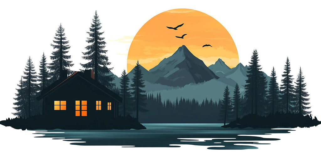 Mountain Cabin Wall Decal, Rustic Lake House Wall Art, Cozy Lodge Wall Sticker, Forest Sunset Mural, Airbnb Cabin Decor, Woodland Retreat
