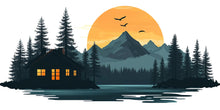 Load image into Gallery viewer, Mountain Cabin Wall Decal, Rustic Lake House Wall Art, Cozy Lodge Wall Sticker, Forest Sunset Mural, Airbnb Cabin Decor, Woodland Retreat