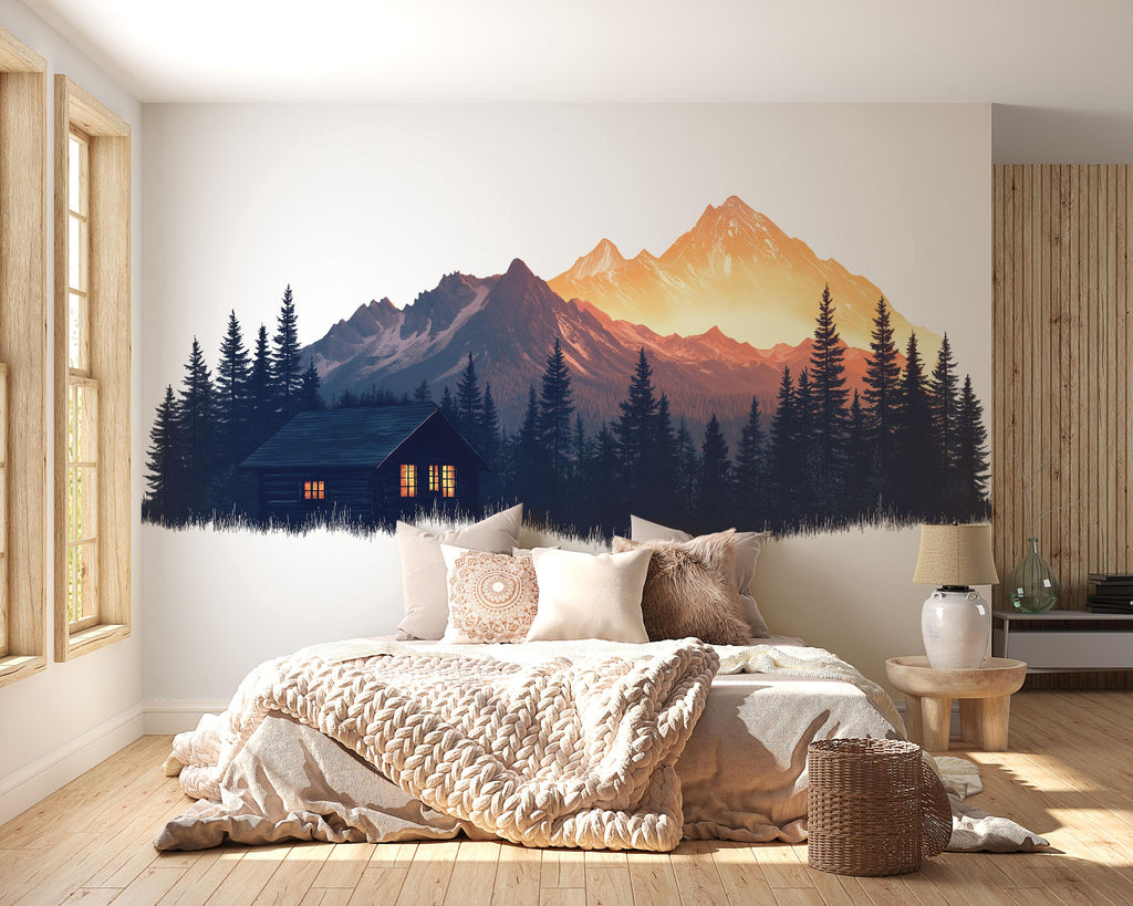 Mountain Cabin Wall Decal, Rustic Forest Wall Art, Cozy Lodge Wall Sticker, Mountain Landscape Mural, Airbnb Cabin Decor, Woodland Retreat