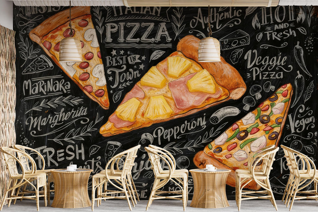 Vintage Pizzeria Wallpaper – Italian Pizza Wall Mural with Rustic Food Illustrations, Kitchen Decor Fabric Restaurant Mural 1159RS