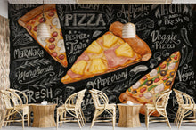 Load image into Gallery viewer, Vintage Pizzeria Wallpaper – Italian Pizza Wall Mural with Rustic Food Illustrations, Kitchen Decor Fabric Restaurant Mural 1159RS