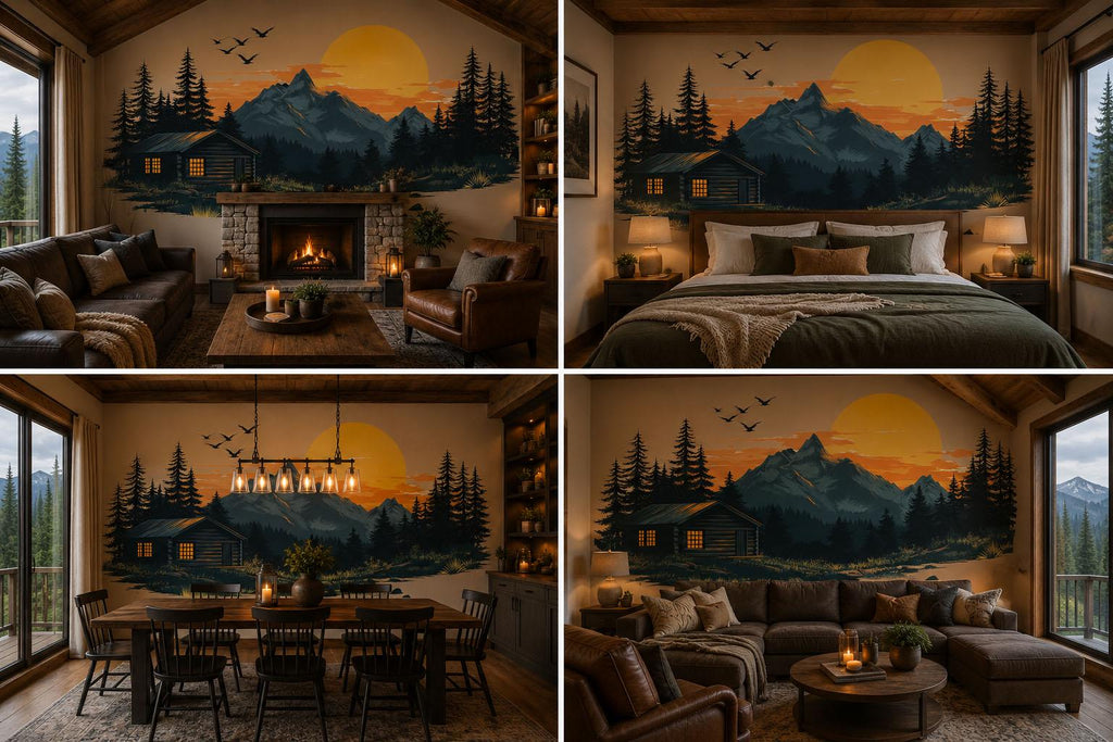 Mountain Cabin Sunset Wall Decal, Rustic Lodge Wall Art, Forest Cabin Mural, Cozy Airbnb Decor, Woodland Mountain Scene Sticker, Lake House