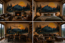 Load image into Gallery viewer, Mountain Cabin Sunset Wall Decal, Rustic Lodge Wall Art, Forest Cabin Mural, Cozy Airbnb Decor, Woodland Mountain Scene Sticker, Lake House