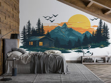 Load image into Gallery viewer, Mountain Cabin Sunset Wall Decal, Rustic Lodge Wall Art, Forest Cabin Mural, Cozy Airbnb Decor, Woodland Mountain Scene Sticker, Lake House