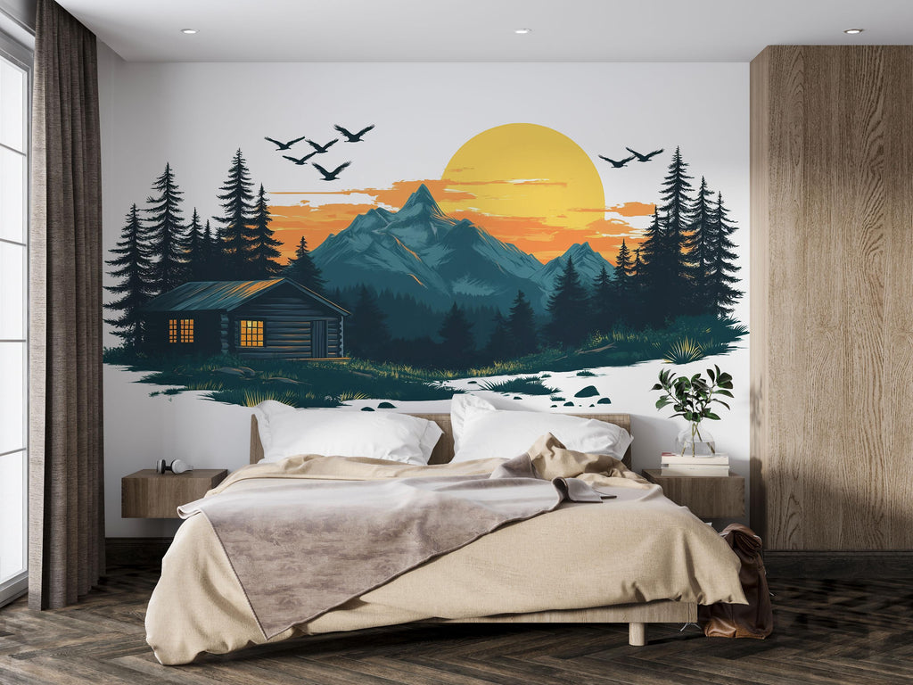Mountain Cabin Sunset Wall Decal, Rustic Lodge Wall Art, Forest Cabin Mural, Cozy Airbnb Decor, Woodland Mountain Scene Sticker, Lake House