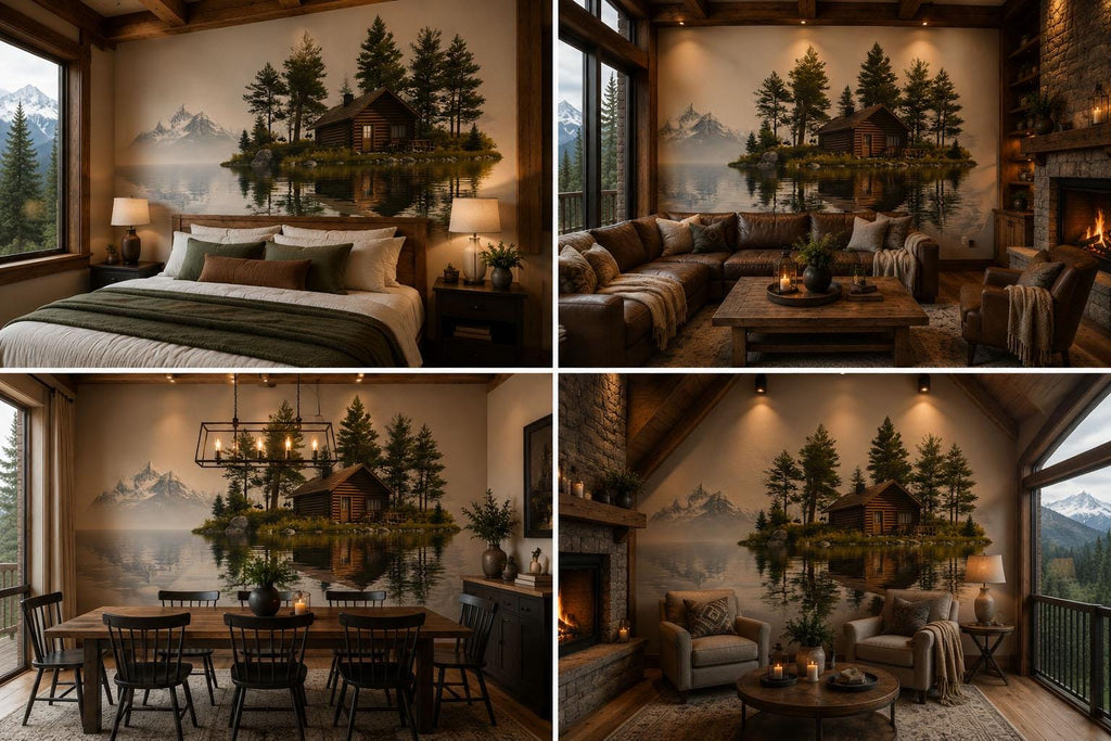 Lake Cabin Wall Decal, Rustic Lodge Wall Art, Mountain Lake Mural, Cozy Airbnb Decor, Forest Cabin Wall Sticker, Woodland Retreat Decor