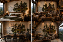Load image into Gallery viewer, Lake Cabin Wall Decal, Rustic Lodge Wall Art, Mountain Lake Mural, Cozy Airbnb Decor, Forest Cabin Wall Sticker, Woodland Retreat Decor