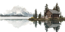 Load image into Gallery viewer, Rustic Lake Cabin Wall Decal, Mountain Reflection Wall Art, Cozy Lodge Mural, Airbnb Cabin Decor, Forest Lake Wall Sticker, Woodland Retreat