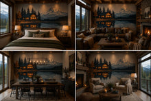 Load image into Gallery viewer, Mountain Lake Cabin Wall Decal, Rustic Lodge Wall Art, Cozy Cabin Mural, Forest Mountain Landscape Sticker, Airbnb Cabin Decor, Lake House