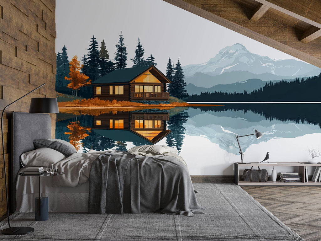 Mountain Lake Cabin Wall Decal, Rustic Lodge Wall Art, Cozy Cabin Mural, Forest Mountain Landscape Sticker, Airbnb Cabin Decor, Lake House