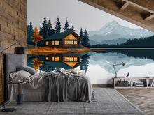 Load image into Gallery viewer, Mountain Lake Cabin Wall Decal, Rustic Lodge Wall Art, Cozy Cabin Mural, Forest Mountain Landscape Sticker, Airbnb Cabin Decor, Lake House