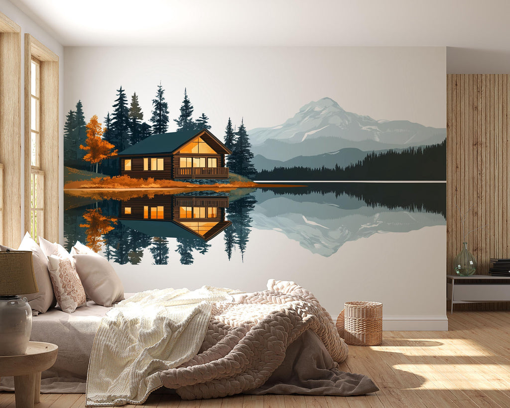 Mountain Lake Cabin Wall Decal, Rustic Lodge Wall Art, Cozy Cabin Mural, Forest Mountain Landscape Sticker, Airbnb Cabin Decor, Lake House