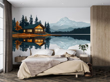 Load image into Gallery viewer, Mountain Lake Cabin Wall Decal, Rustic Lodge Wall Art, Cozy Cabin Mural, Forest Mountain Landscape Sticker, Airbnb Cabin Decor, Lake House