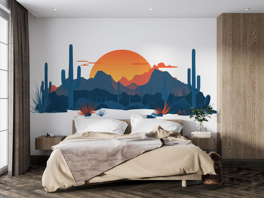 Desert Sunset Wall Decal, Southwest Desert Mural, Boho Cactus Wall Art, Arizona Desert Landscape Sticker, Airbnb Desert Decor, Southwestern