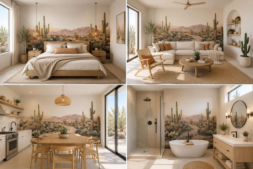 Desert Landscape Wall Decal, Southwest Cactus Mural, Arizona Desert Wall Art, Boho Desert Sticker, Airbnb Desert Decor, Saguaro Wall Mural
